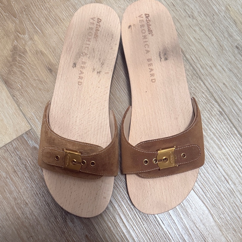 Veronica Beard Brown Leather Mules with Gold Buckle